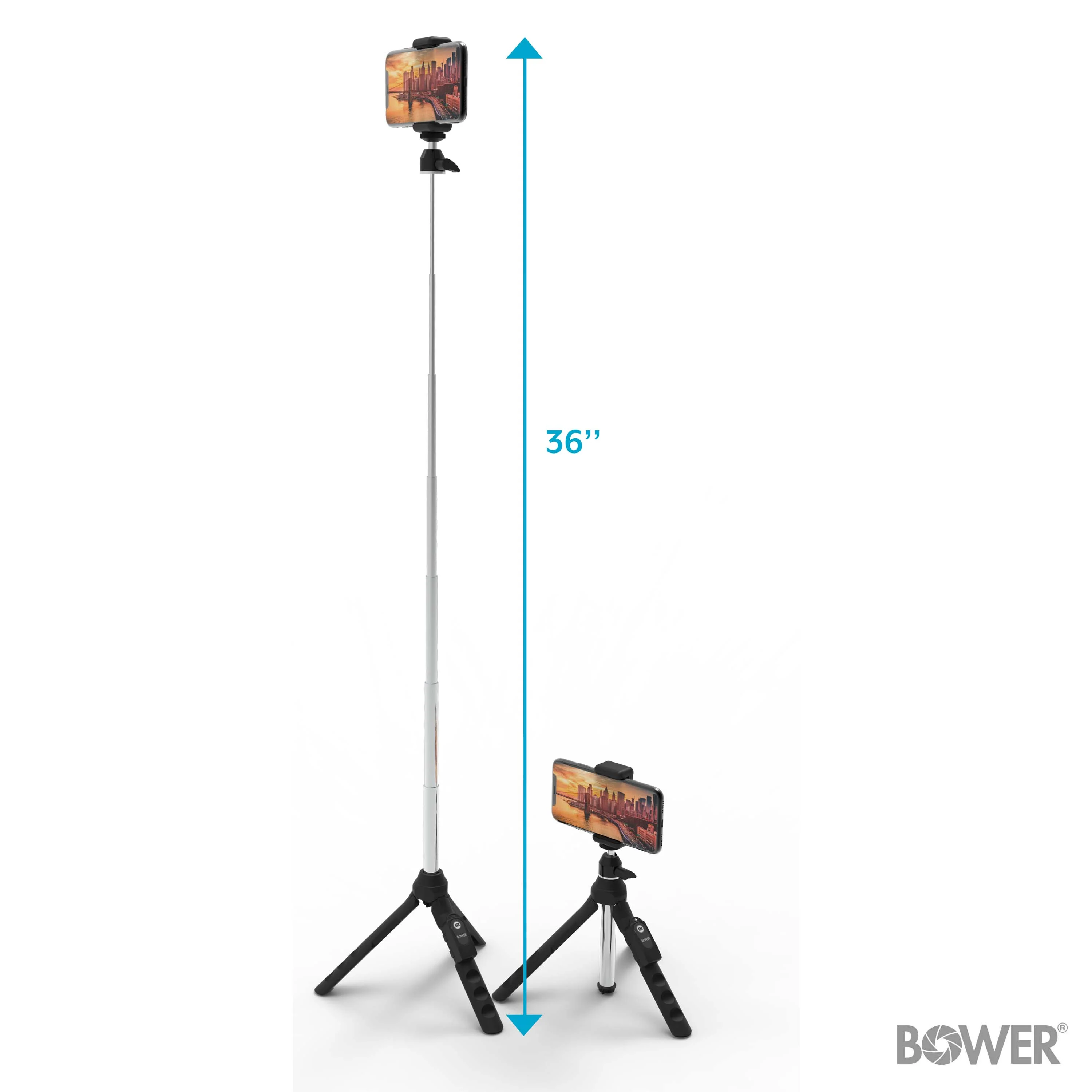 Bower 6-in-1 Multi Selfie Tripod with Smartphone & GoPro Mount, Rechargeable Wireless Remote - Black - Image 2