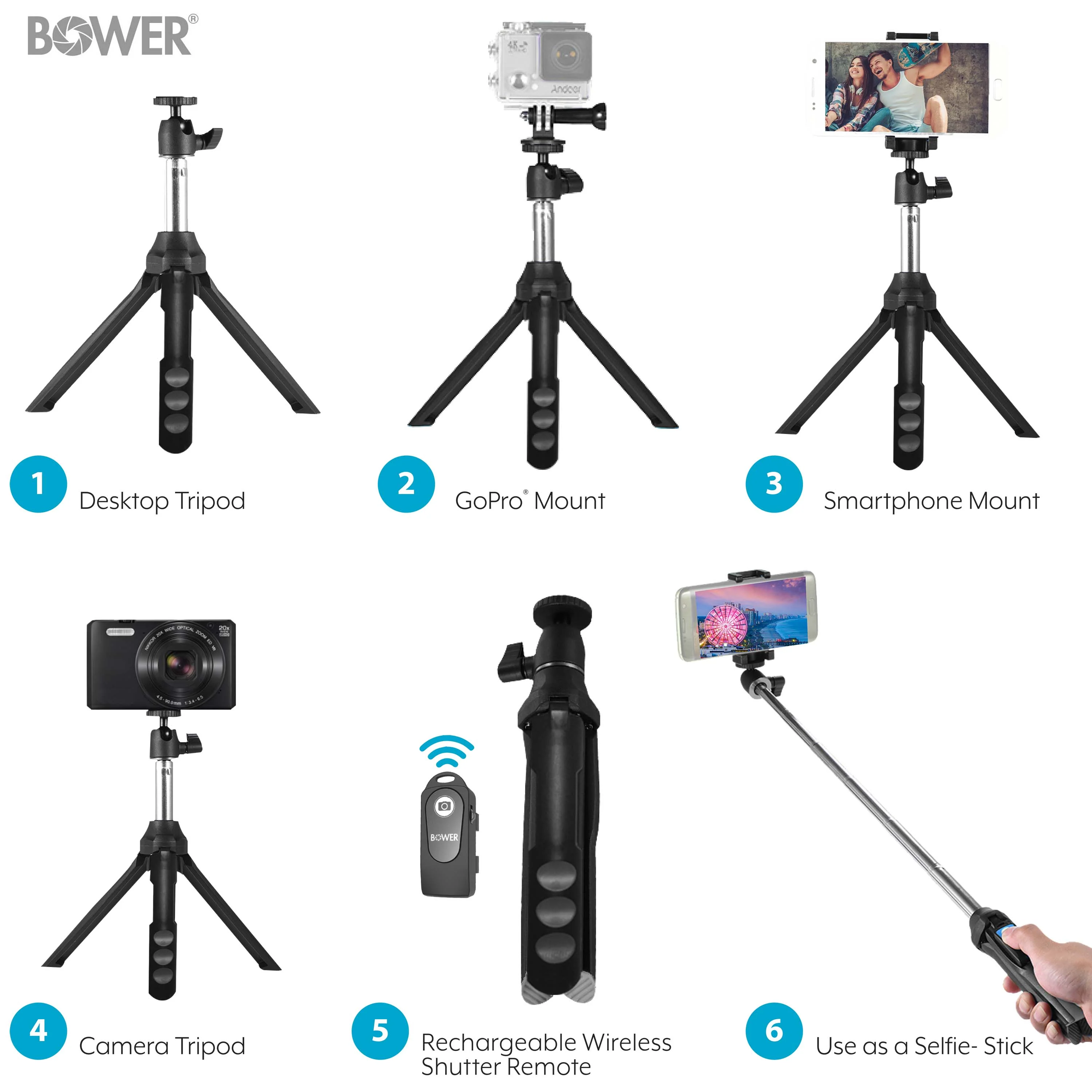 Bower 6-in-1 Multi Selfie Tripod with Smartphone & GoPro Mount, Rechargeable Wireless Remote - Black - Image 5