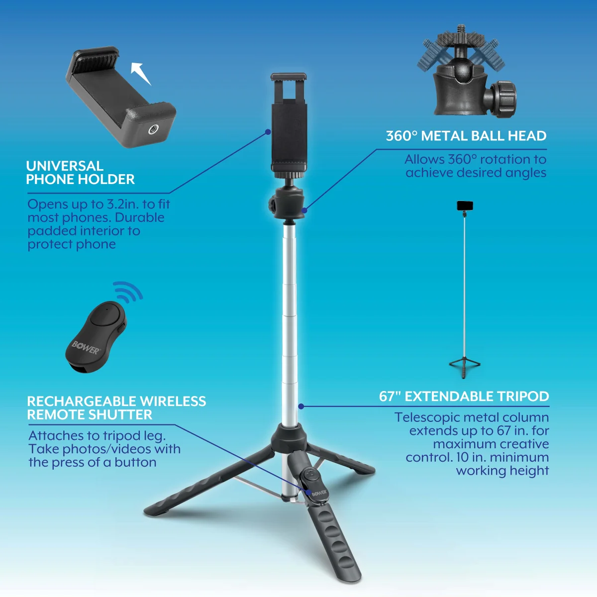 Bower Multi-Pod Max – 67" Extendable Tripod with Universal Phone Holder & Wireless Remote - Image 4