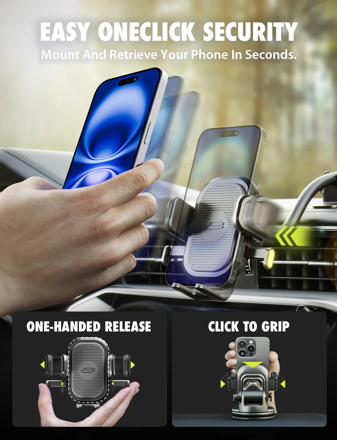 Bracketron OneClick 3-in-1 Car Phone Mount for Dashboard, Windshield & Vent with 7” Flexible Gooseneck, One-Handed Click Grip, 360° Rotation, TemperBond Suction - Image 2