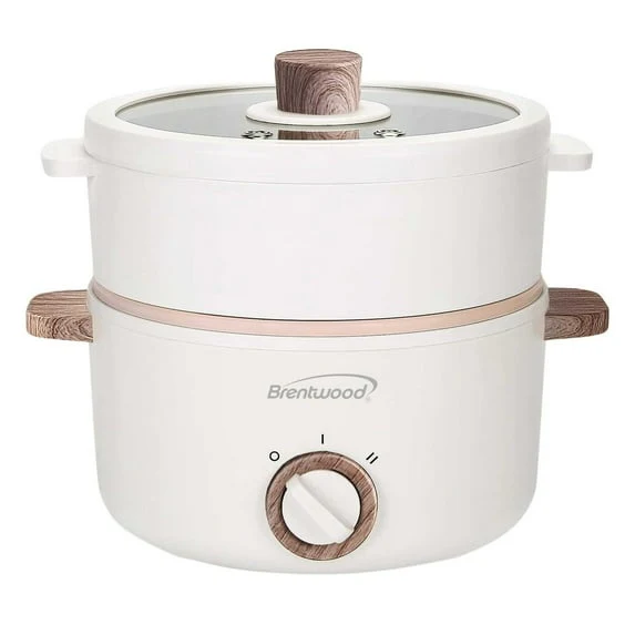 Brentwood 1.6-Qt. Multi-Function Electric Hot Pot Cooker with Stainless Steel Food Steamer and Ceramic Non-Stick Coating, White, HPS-3162W, HPS-3162W