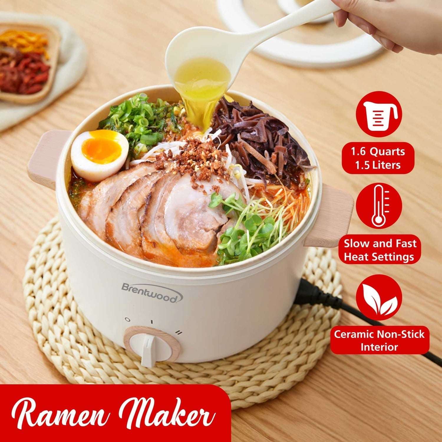 Brentwood 1.6-Qt. Multi-Function Electric Hot Pot Cooker with Stainless Steel Food Steamer and Ceramic Non-Stick Coating, White, HPS-3162W, HPS-3162W - Image 2
