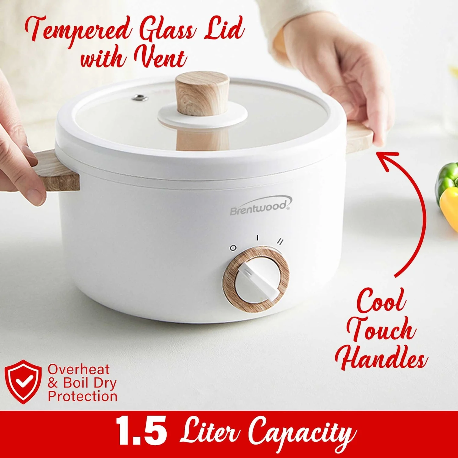 Brentwood 1.6-Qt. Multi-Function Electric Hot Pot Cooker with Stainless Steel Food Steamer and Ceramic Non-Stick Coating, White, HPS-3162W, HPS-3162W - Image 4