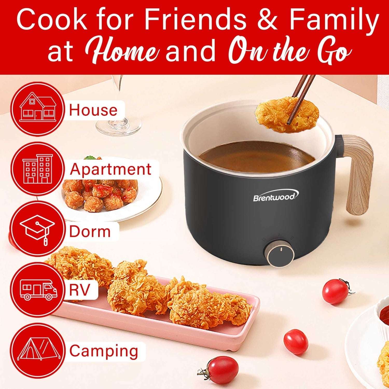 Brentwood 1.6-Qt. Multifunction Electric Ceramic Non-Stick Hot Pot Cooker with Stainless Steel Food Steamer (Black), HPS-3172BK - Image 4