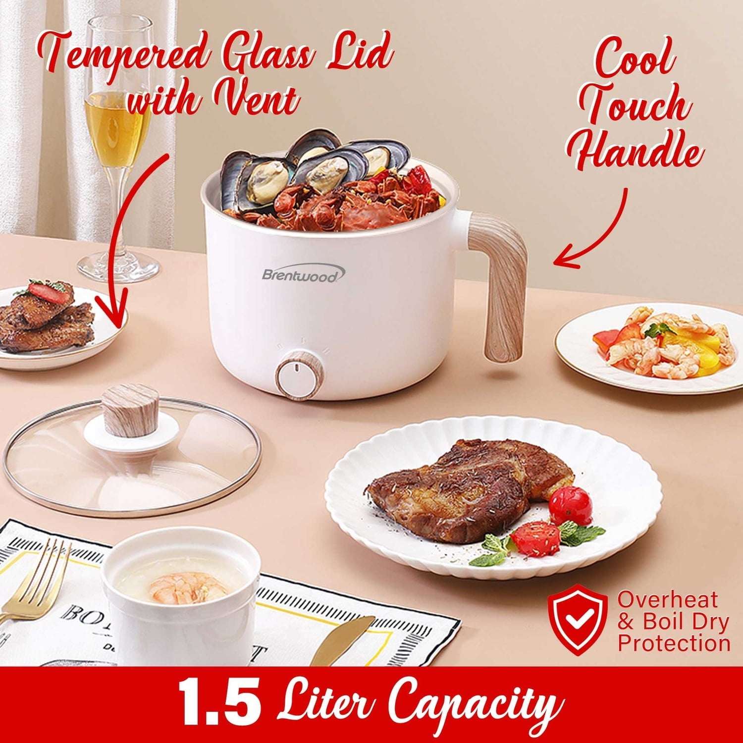 Brentwood 1.6-Qt. Multifunction Electric Ceramic Non-Stick Hot Pot Cooker with Stainless Steel Food Steamer, White - Image 4