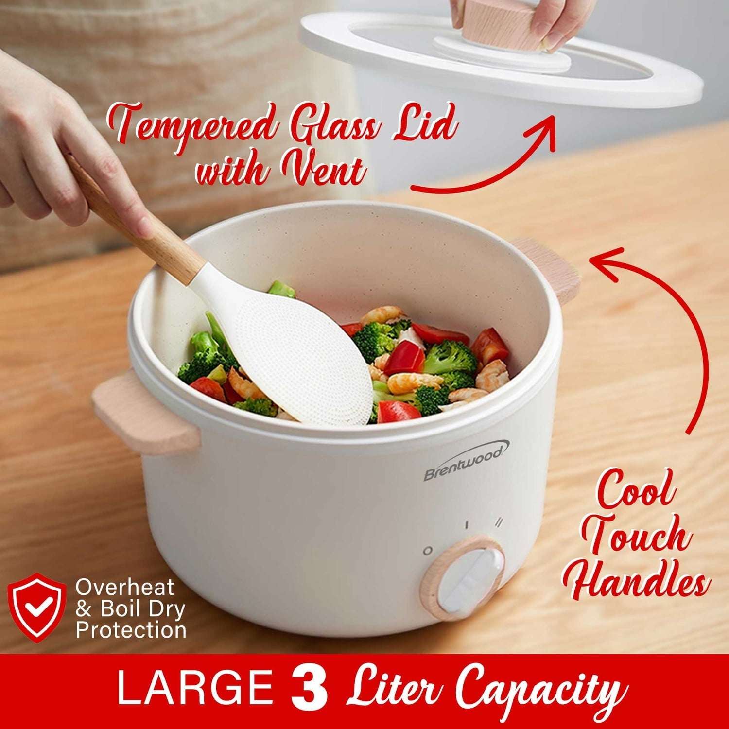 Brentwood 3.2-Qt. Multi-Function Electric Hot Pot Cooker with Food Steamer and Ceramic Non-Stick Coating, White, HPS-3302W, HPS-3302W - Image 2