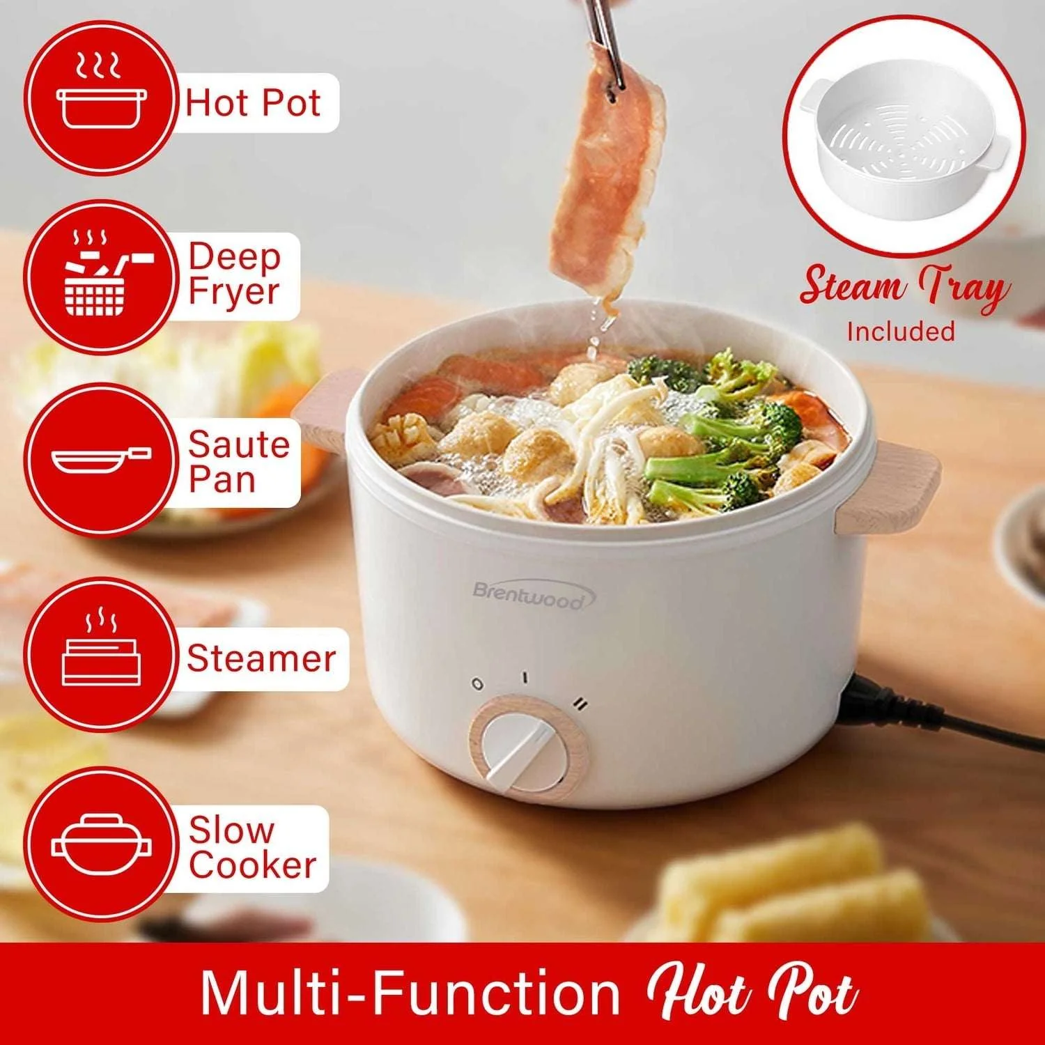 Brentwood 3.2-Qt. Multi-Function Electric Hot Pot Cooker with Food Steamer and Ceramic Non-Stick Coating, White, HPS-3302W, HPS-3302W - Image 3