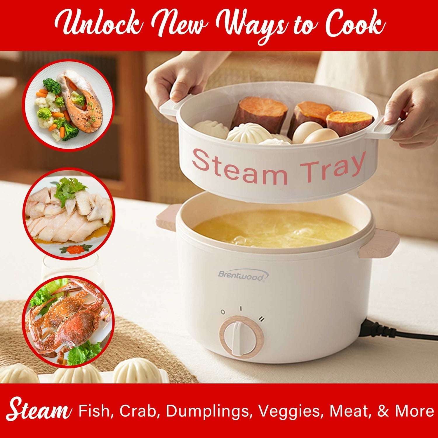 Brentwood 3.2-Qt. Multi-Function Electric Hot Pot Cooker with Food Steamer and Ceramic Non-Stick Coating, White, HPS-3302W, HPS-3302W - Image 4