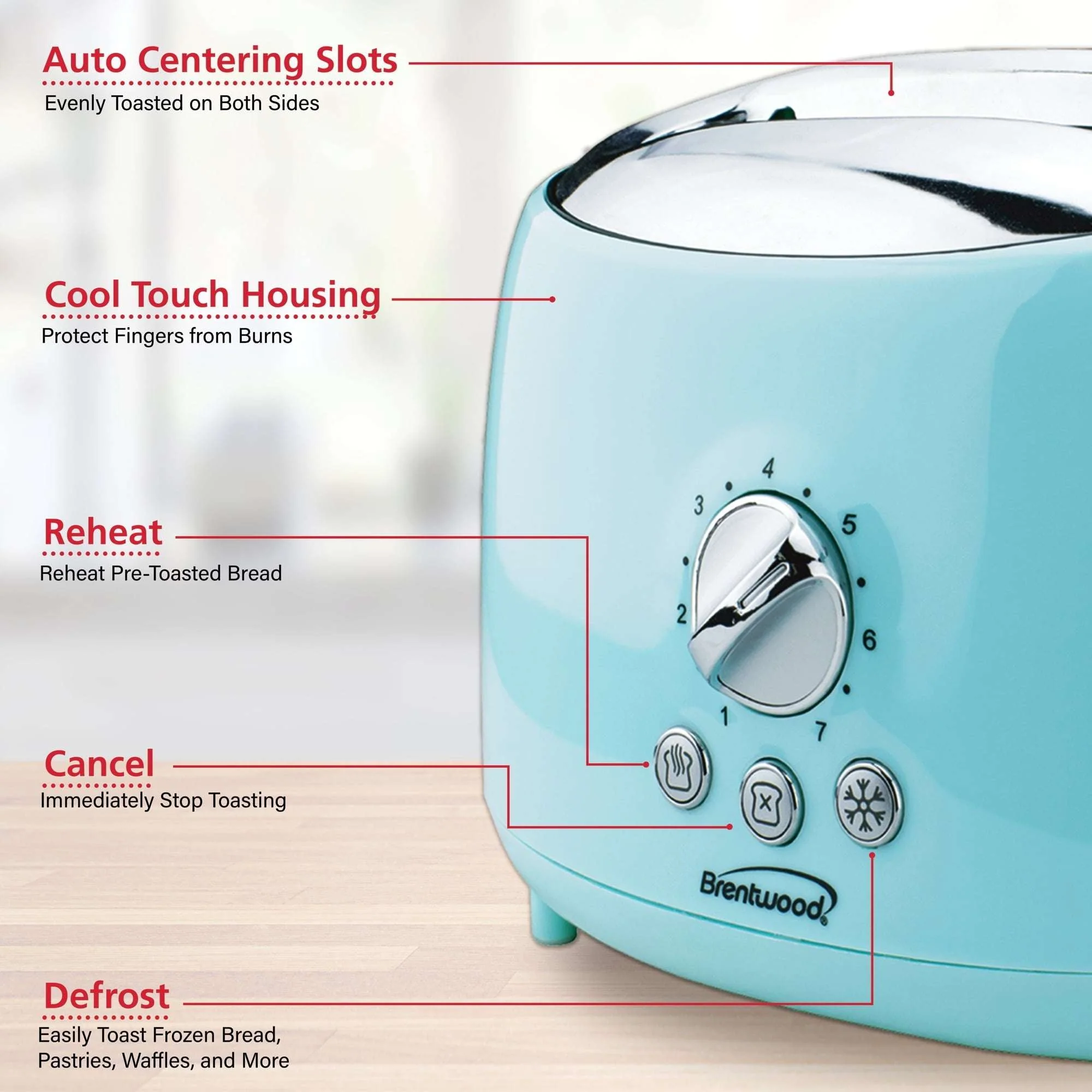 Brentwood Cool-Touch 2-Slice Retro Toaster with Extra-Wide Slots (Blue) - Image 3