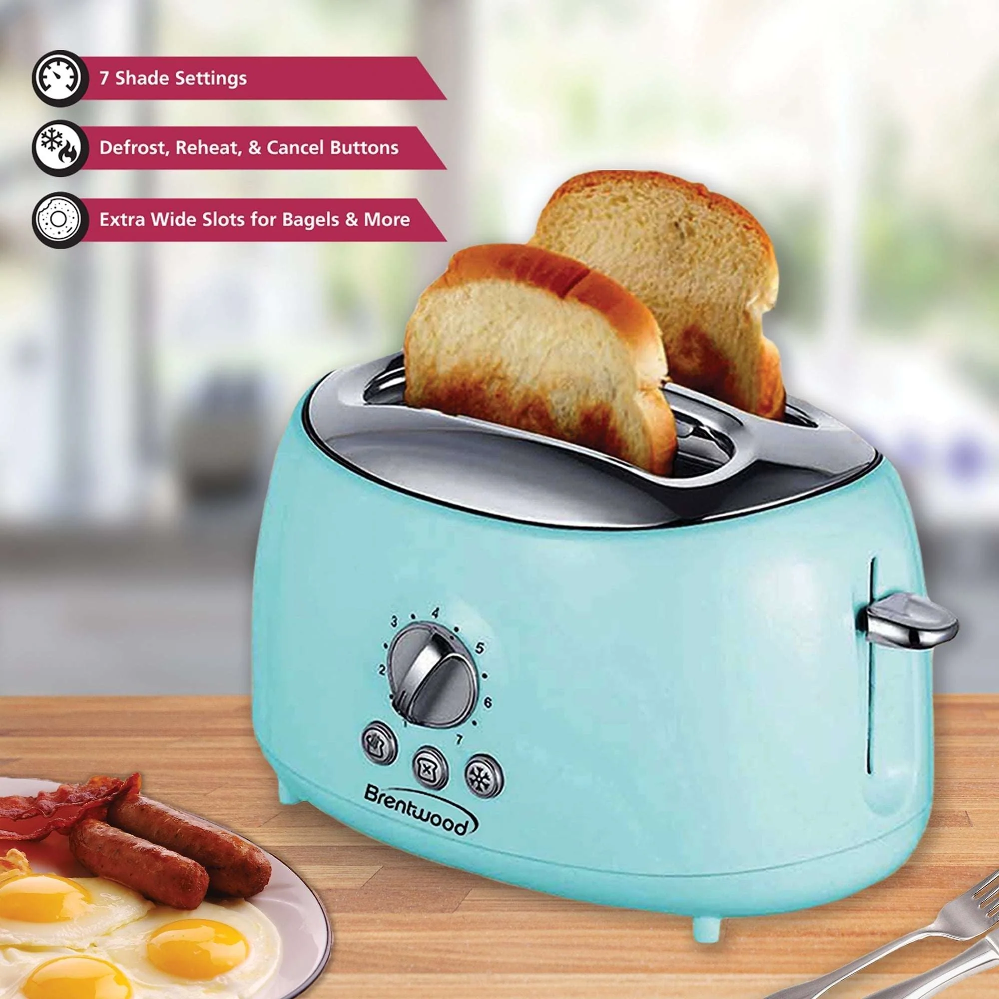 Brentwood Cool-Touch 2-Slice Retro Toaster with Extra-Wide Slots (Blue) - Image 5