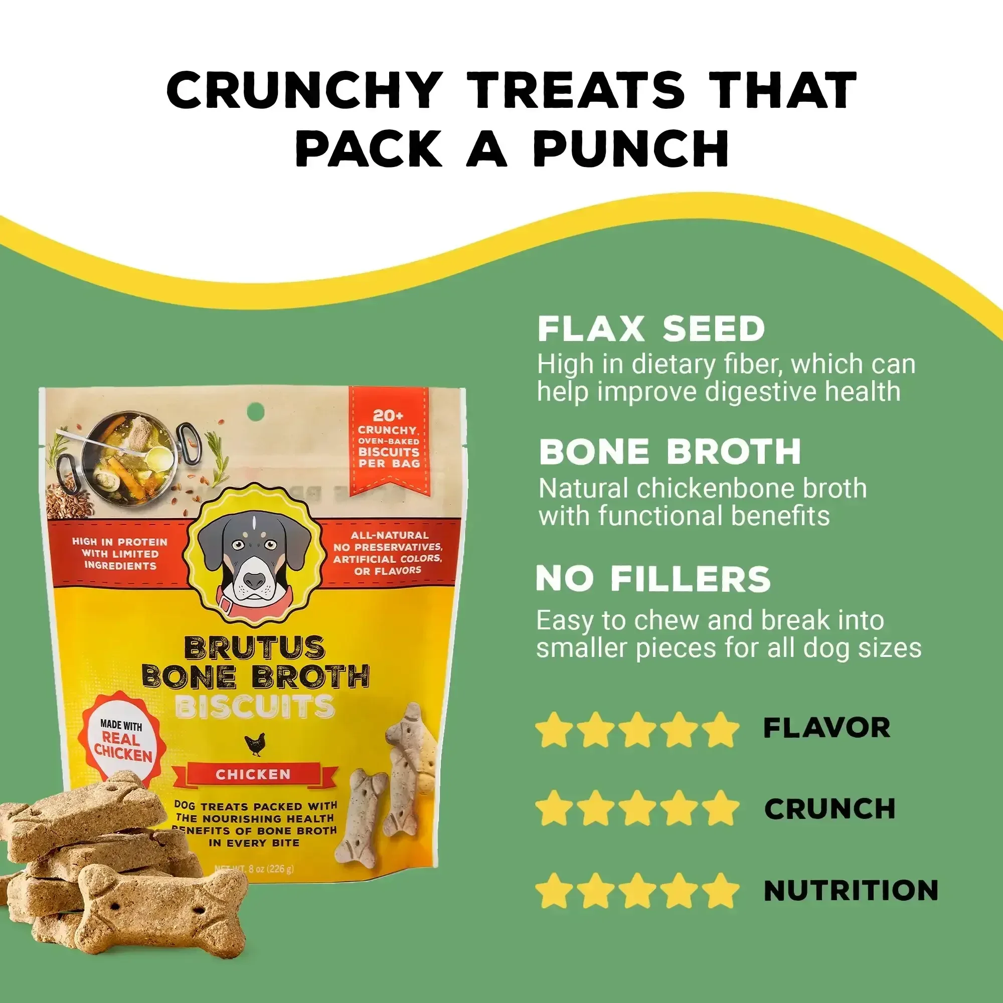 Brutus Bone Broth Biscuits (Chicken) - Healthy Dog Treats -Pet Food Topper - Natural Dog Biscuits with Dog Bone Broth and Real Chicken Meat - 18 Grams of Protein - 8 OZ - Image 2