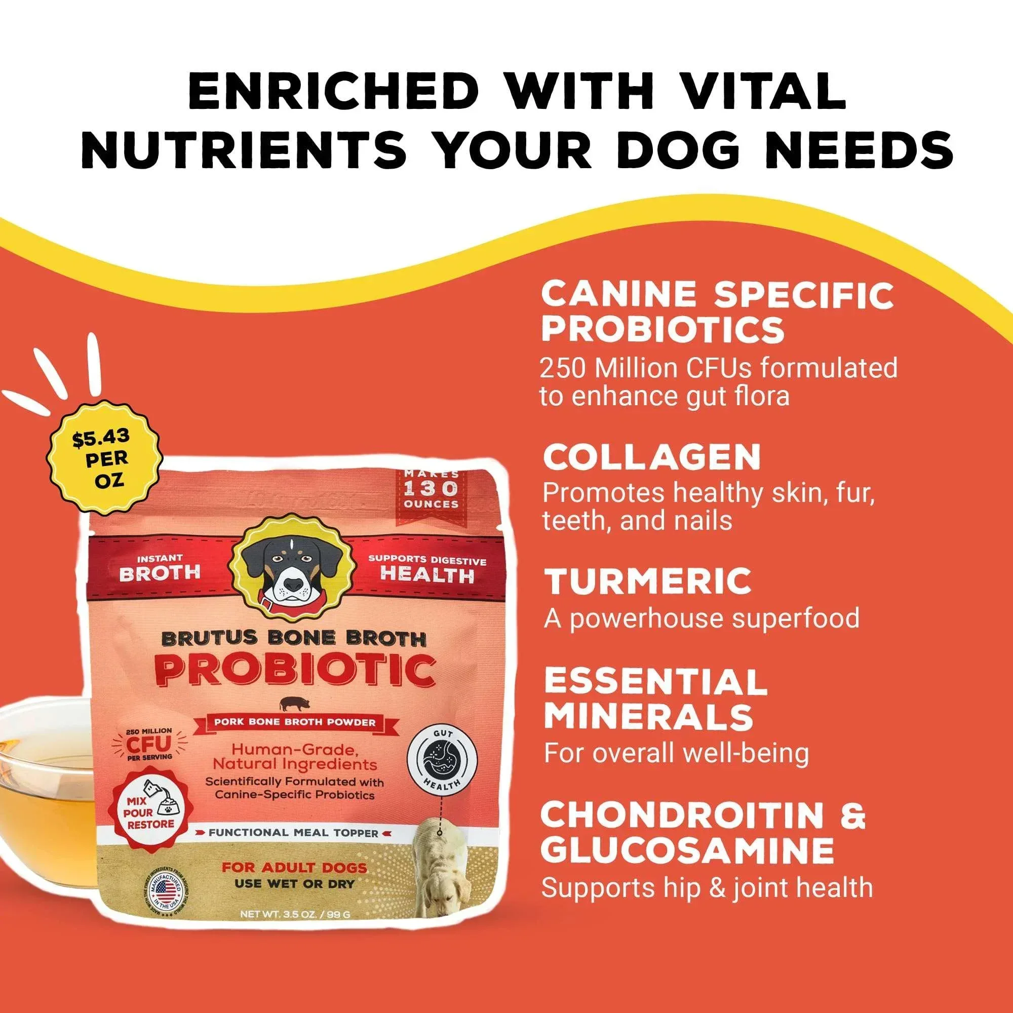 Brutus Bone Broth Probiotic Meal Toppers for Dogs Mega Pack (Pork) - Pet Food Topper - Bone Broth Powder Fortified - Pet Safe Human Grade Dog Food Topper - Makes Up to 130 Liquid Oz - Image 2