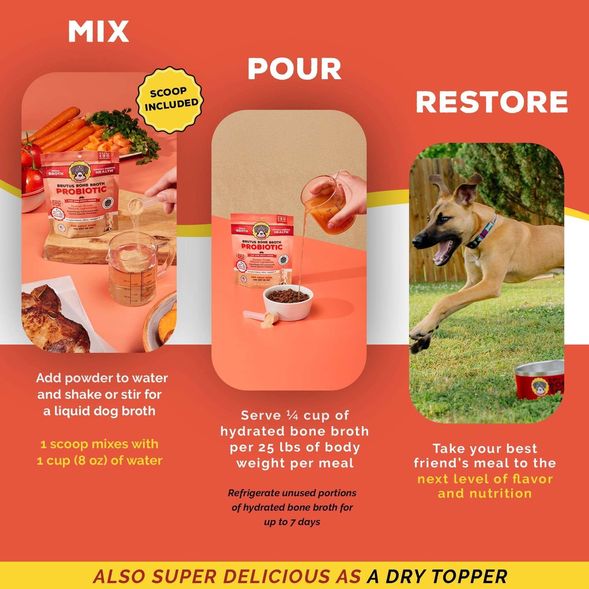 Brutus Bone Broth Probiotic Meal Toppers for Dogs Mega Pack (Pork) - Pet Food Topper - Bone Broth Powder Fortified - Pet Safe Human Grade Dog Food Topper - Makes Up to 130 Liquid Oz - Image 3