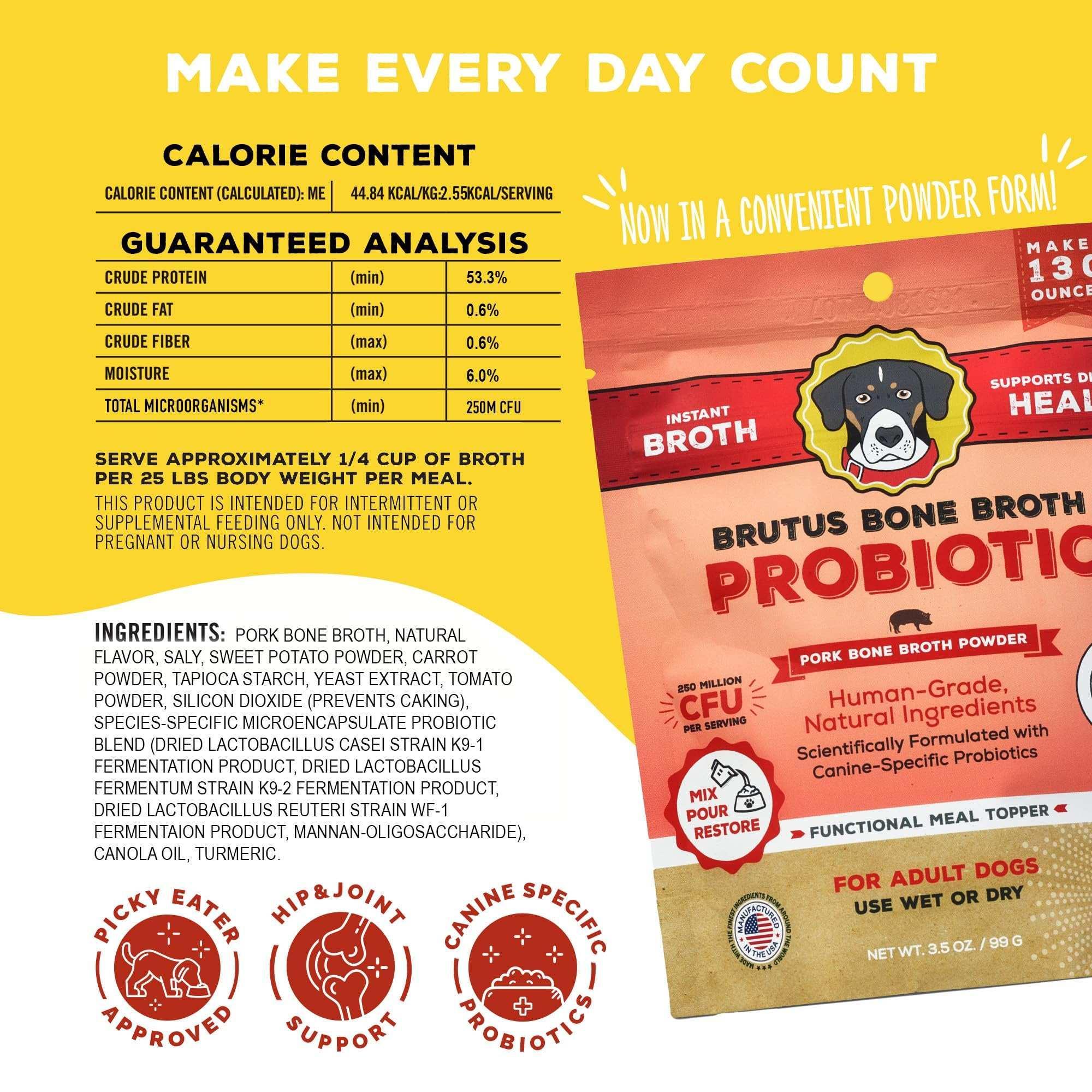 Brutus Bone Broth Probiotic Meal Toppers for Dogs Mega Pack (Pork) - Pet Food Topper - Bone Broth Powder Fortified - Pet Safe Human Grade Dog Food Topper - Makes Up to 130 Liquid Oz - Image 4
