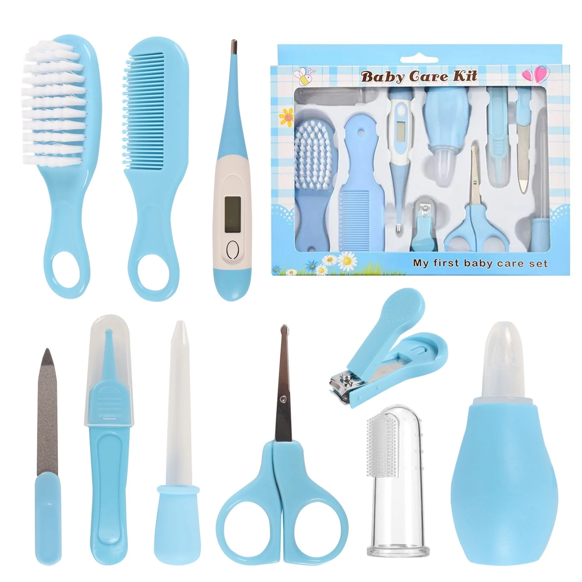 BUSATIA 10 in 1 Baby Healthcare and Grooming Kit,Safety Newborn Nursery Care Set, with Hair Brush Comb,Nail Clipper,Thermometer,Pacifier Clip,Nasal Aspirator for Newborn Infant Baby
