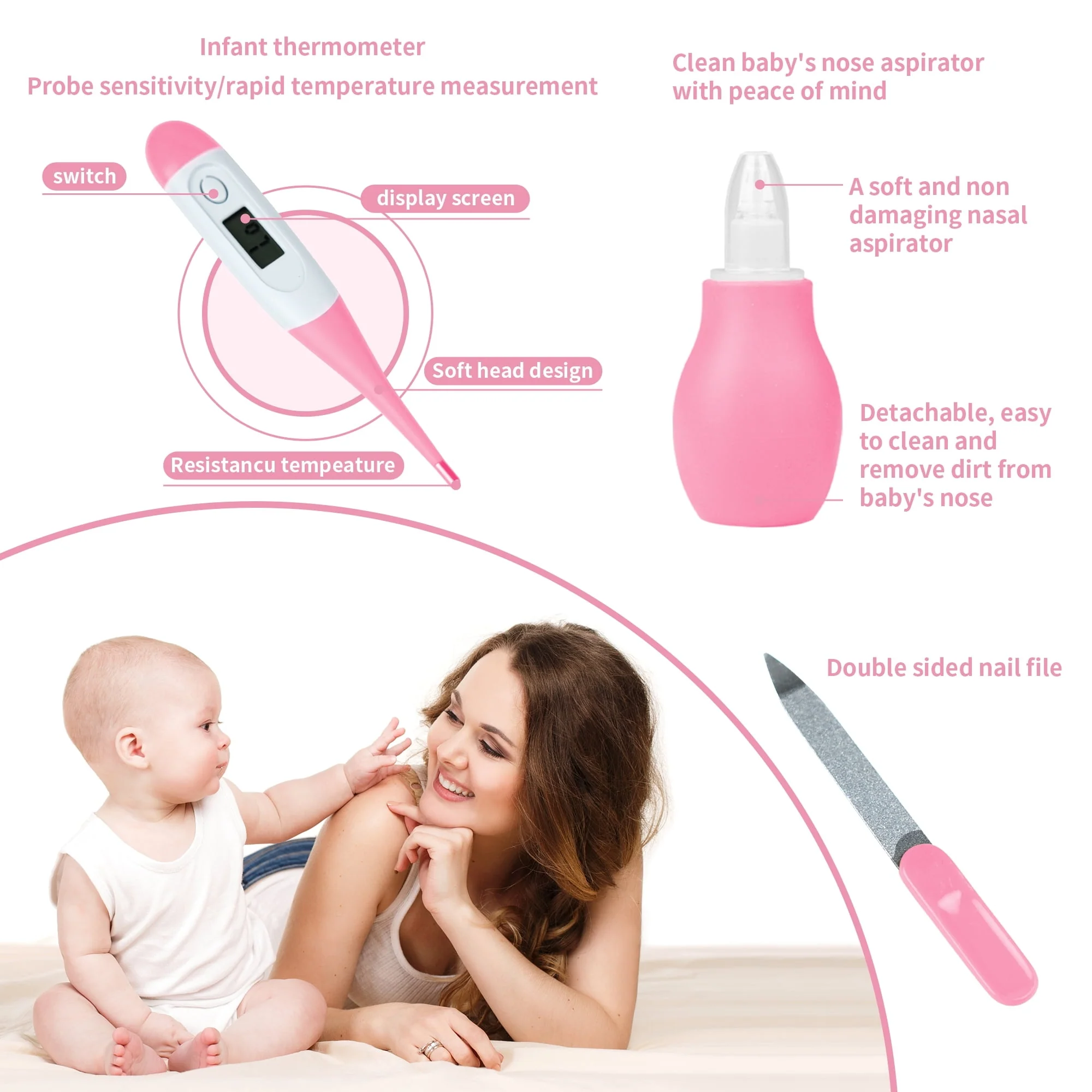 BUSATIA 10 in 1 Baby Healthcare and Grooming Kit,Safety Newborn Nursery Care Set, with Hair Brush Comb,Nail Clipper,Thermometer,Pacifier Clip,Nasal Aspirator for Newborn Infant Baby - Image 12