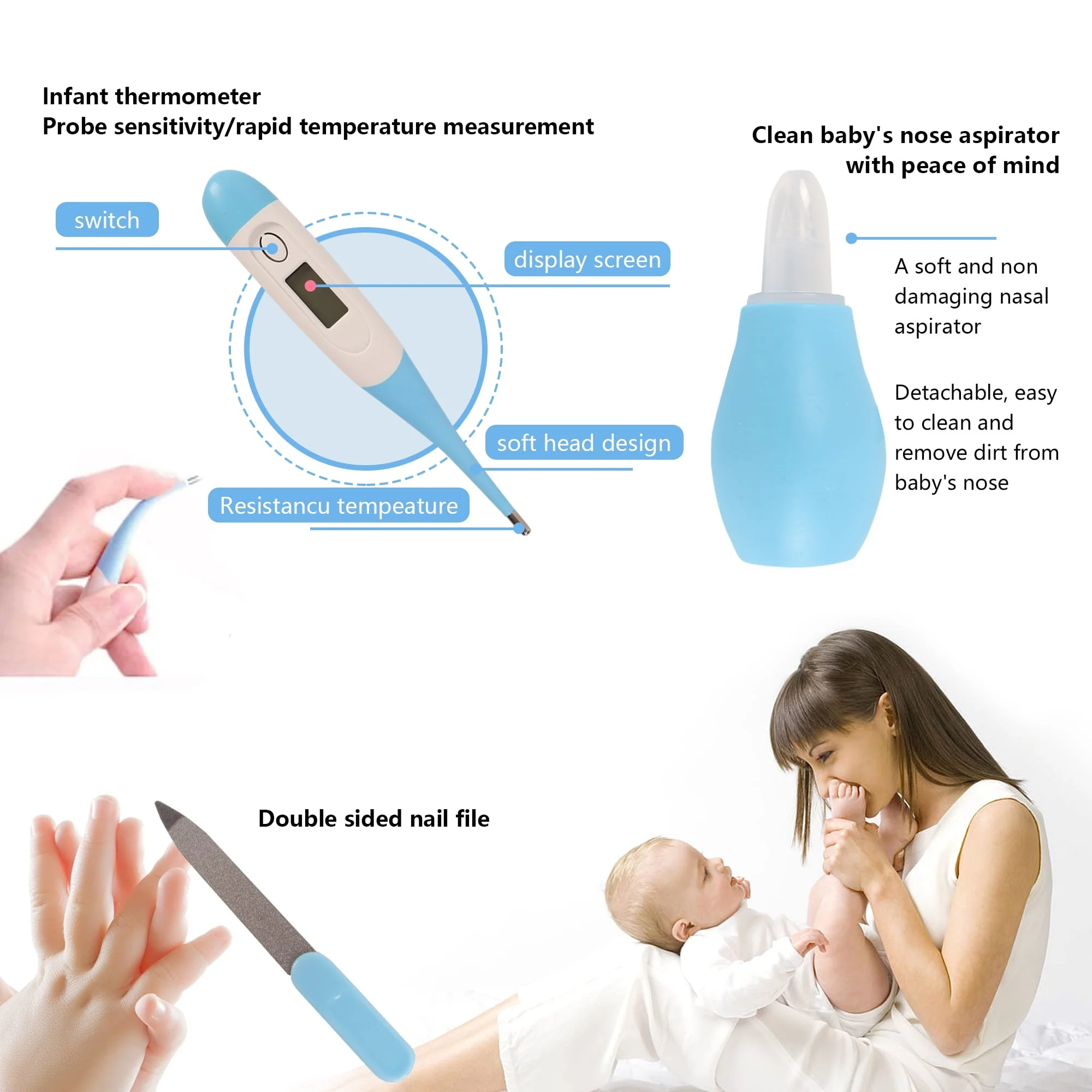 BUSATIA 10 in 1 Baby Healthcare and Grooming Kit,Safety Newborn Nursery Care Set, with Hair Brush Comb,Nail Clipper,Thermometer,Pacifier Clip,Nasal Aspirator for Newborn Infant Baby - Image 2