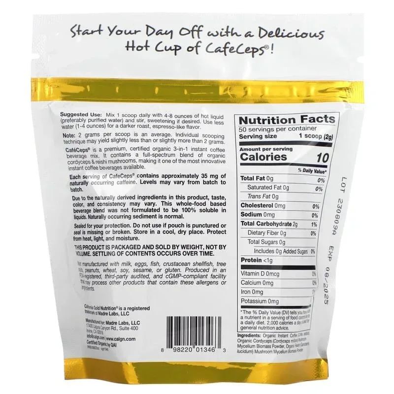California Gold Nutrition, CafeCeps, Certified Organic Instant Coffee with Full-Spectrum, Organic Cordyceps and Reishi Mushroom Powder, 3.5 oz (100 g) - Image 2