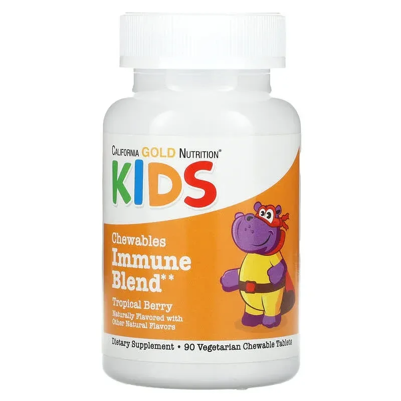 California Gold Nutrition, Chewable Immune Blend with Vitamin A, Vitamin C, Vitamin E, and Zinc for Children, Natural Tropical Berry, 90 Vegetarian Tablets