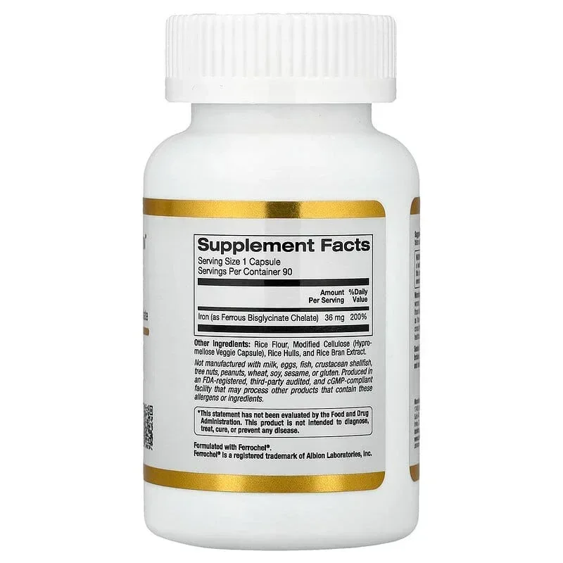 California Gold Nutrition, Ferrochel® Iron (Bisglycinate), 36 mg, 90 Veggie Capsules - Image 2