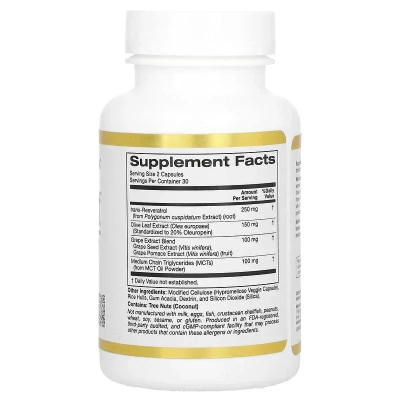 California Gold Nutrition, Longevity Boost with trans-Resveratrol, Olive Leaf Extract, Grape Extract Blend and Medium Chain Triglycerides, 60 Veggie Capsules - Image 3