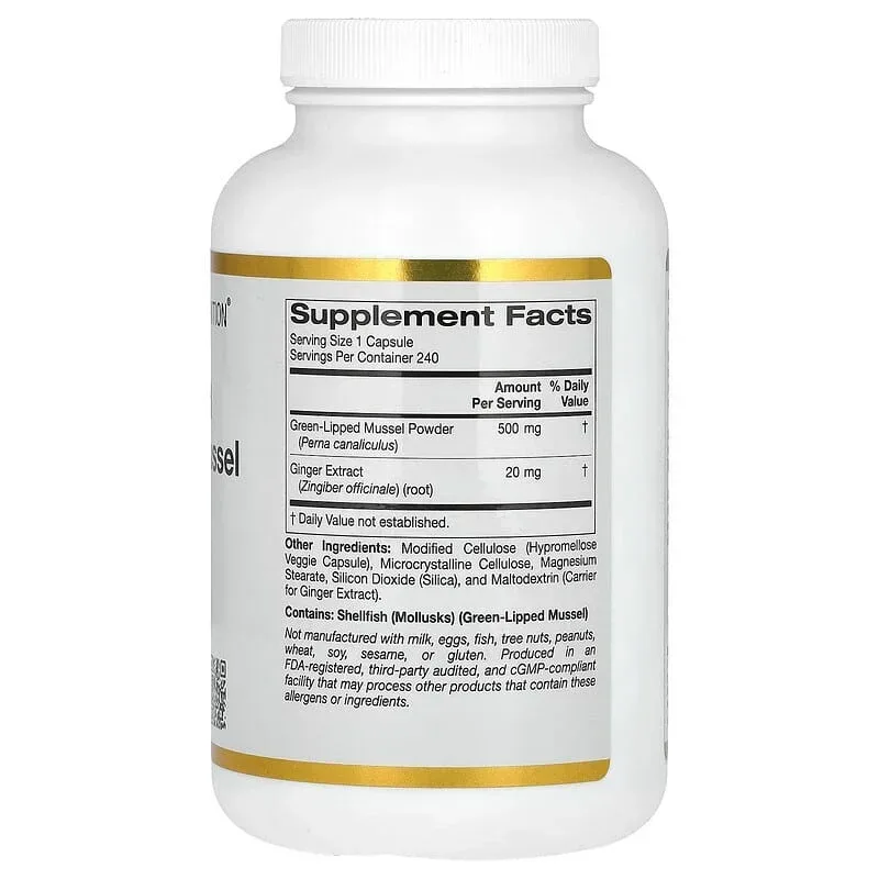 California Gold Nutrition, New Zealand Green-Lipped Mussel with Ginger Extract, 500 mg, 240 Veggie Capsules - Image 2