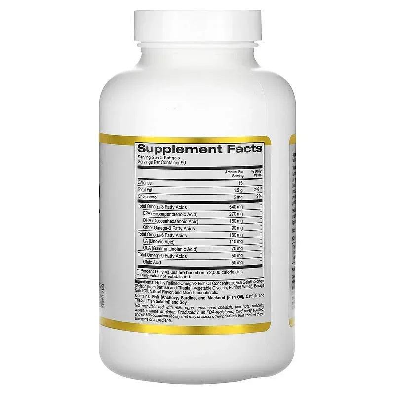 California Gold Nutrition, Omega 3-6-9s, with Omega-3 Fish Oil and Borage Seed Oil, EPA, DHA, GLA, and Linoleic Acid, Natural Lemon, 180 Softgels - Image 2