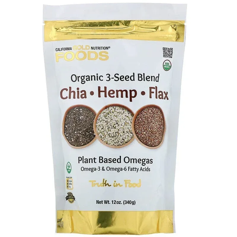 California Gold Nutrition, Organic 3-Seed Blend, Plant-based Omegas, with Ancient Seeds of Chia, Hemp and Flax, 12 oz (340 g)