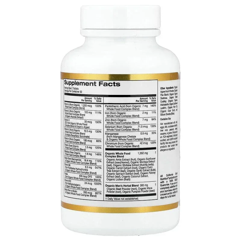California Gold Nutrition, Organic Whole Food Men's 40+ Multivitamin with Organic Amla Extract, Organic Sunflower Extract, Organic Moringa Extract, and Organic Shiitake Extract , 60 Tablets - Image 3