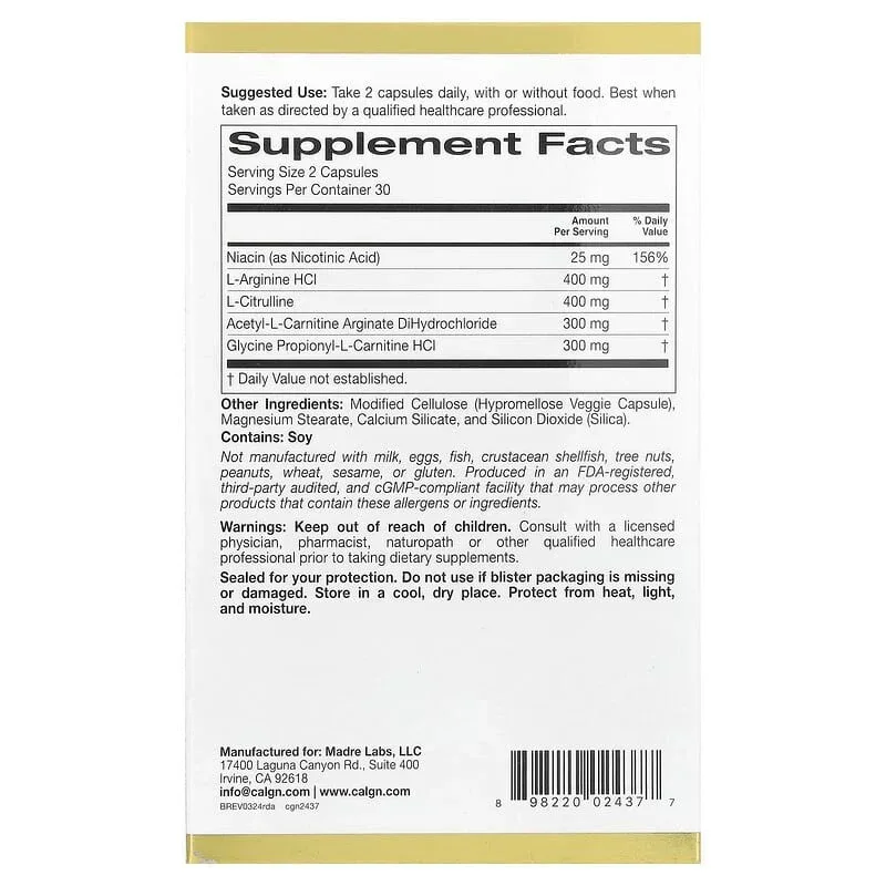 California Gold Nutrition, Rexdrive™ Amino with L-Arginine HCl, L-Citrulline, Acetyl-L-Carnitine Arginate DiHydrochloride, and Glycine Propionyl-L-Carnitine HCl, Men's Formula, 60 Veggie Capsules - Image 2