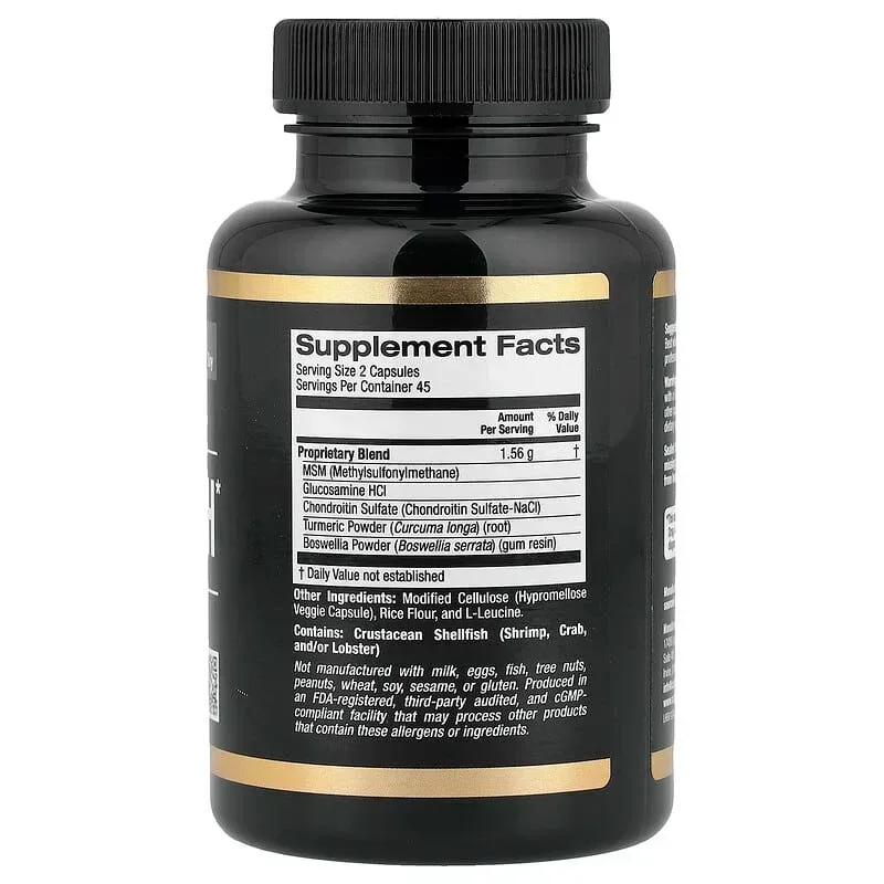 California Gold Nutrition, Sport, Joint Health with MSM, Glucosamine HCL, Chondroitin Sulfate, Turmeric and Boswellia, 90 Veggie Capsules - Image 2