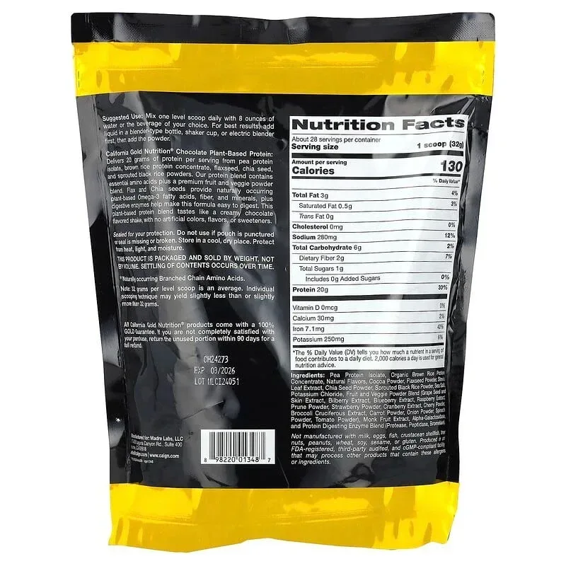 California Gold Nutrition, Sport, Plant-Based Protein with Organic Brown Rice Protein Concentrate, Flaxseed, Chia Seed, 2 lb (907 g) - Image 7
