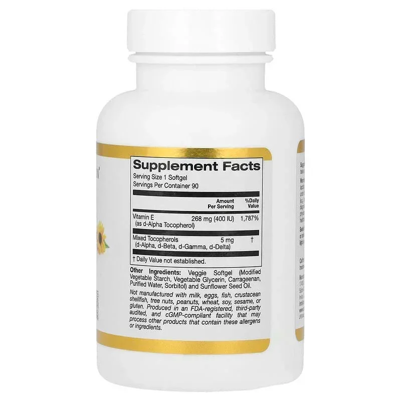 California Gold Nutrition, Sunflower Vitamin E with Mixed Tocopherols, 400 IU, 90 Veggie Softgels - Image 2