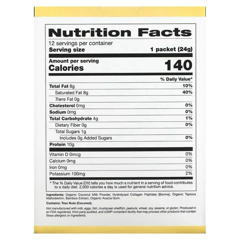 California Gold Nutrition, Superfoods, Collagen Coconut Creamer with Organic Coconut Milk Powder, and Hydrolyzed Collagen Peptides, Unsweetened, 12 Packets 0.85 oz (24 g) Each - Image 2