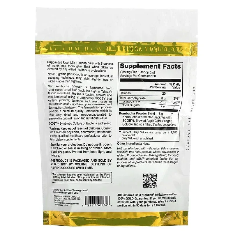 California Gold Nutrition, Superfoods, Kombucha Powder with Kombucha, Brewed Apple Cider Vinegar and Soluble Tapioca Fiber Plus Probiotics, 5.64 oz (160 g) - Image 3