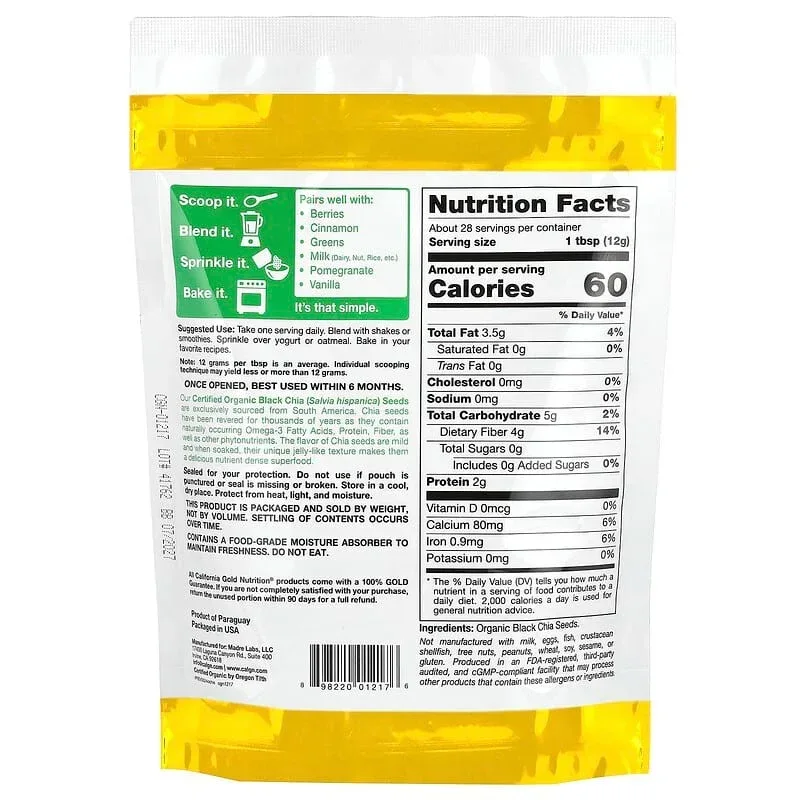 California Gold Nutrition, Superfoods, Organic Chia Seeds, 12 oz (340 g) - Image 2