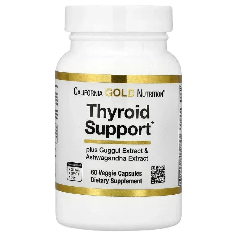 California Gold Nutrition, Thyroid Support with Guggul, Ashwagandha, Bacopa and Green Tea Extracts, 60 Veggie Capsules