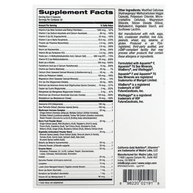 California Gold Nutrition, Ultamins with CoQ10, Mushrooms, Enzymes, Veggies & Berries, 60 Veggie Capsules - Image 2