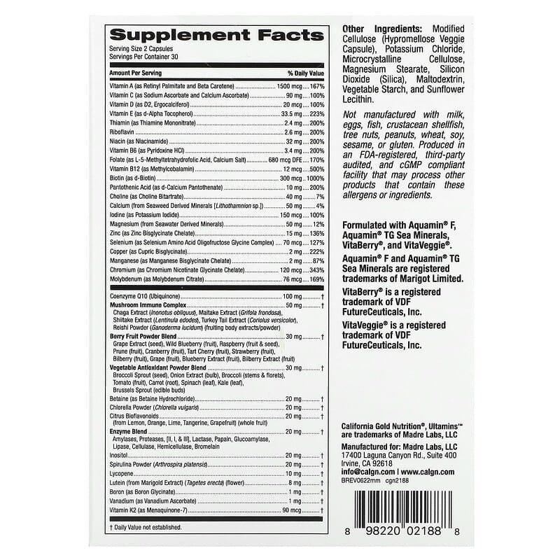 California Gold Nutrition, Ultamins with CoQ10, Mushrooms, Enzymes, Veggies & Berries, 60 Veggie Capsules - Image 7