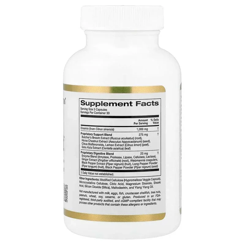 California Gold Nutrition, Vein Support with Diosmin, Butcher's Broom, Horse Chestnut, Bioflavonoids and Enzymes, 90 Veggie Capsules - Image 2