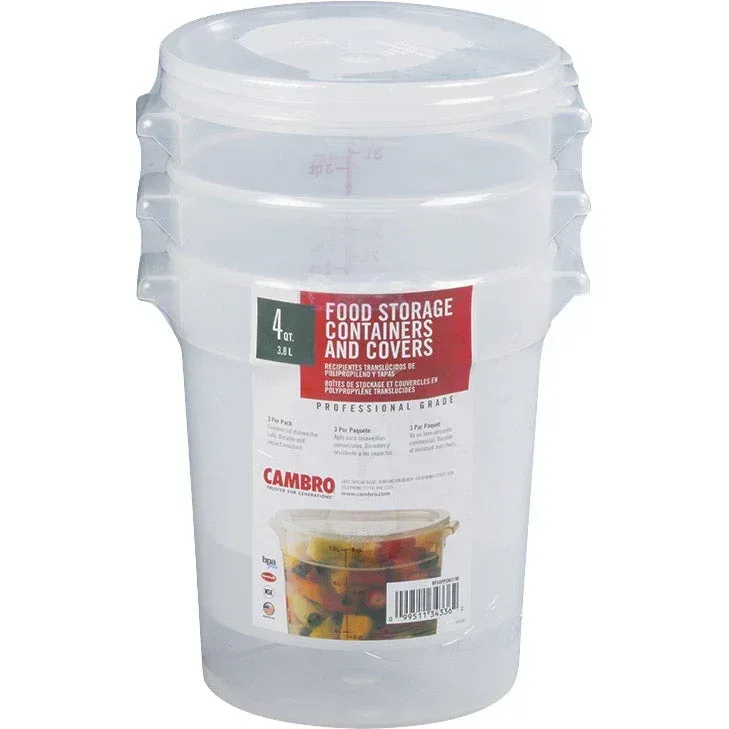 Cambro Round 4 Quart Food Storage Container with Lid, 3-count