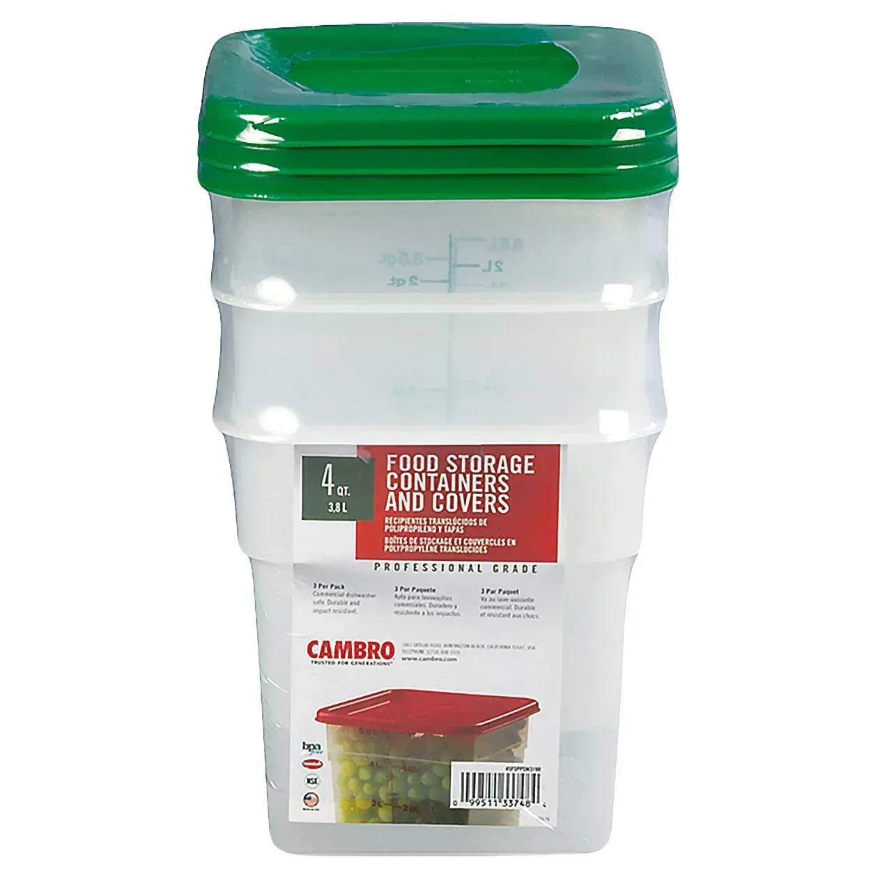 Cambro Square 4-Quart Food Storage Container with Lid, 3-count
