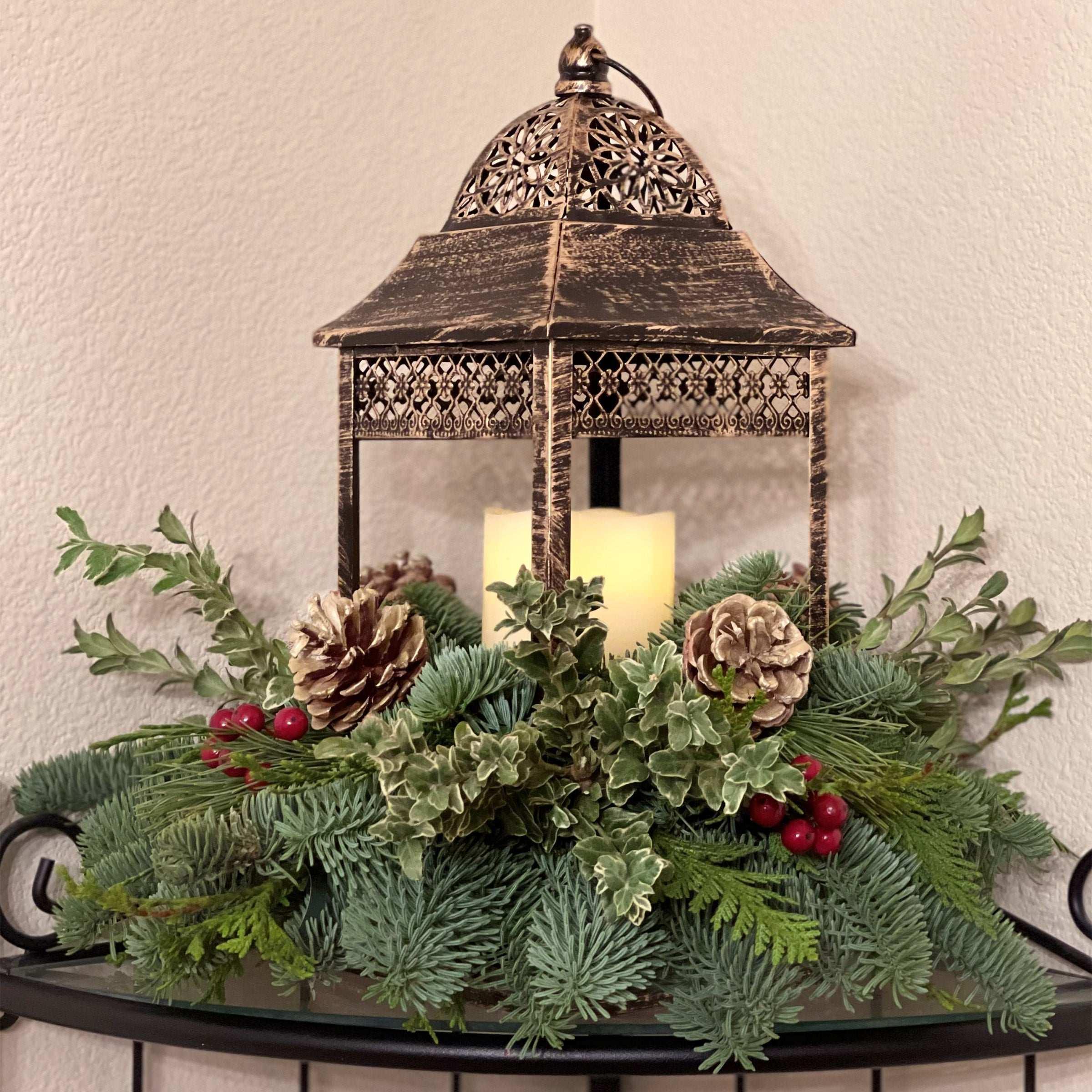 Candle Lantern Centerpiece with Fresh Greens - Image 2