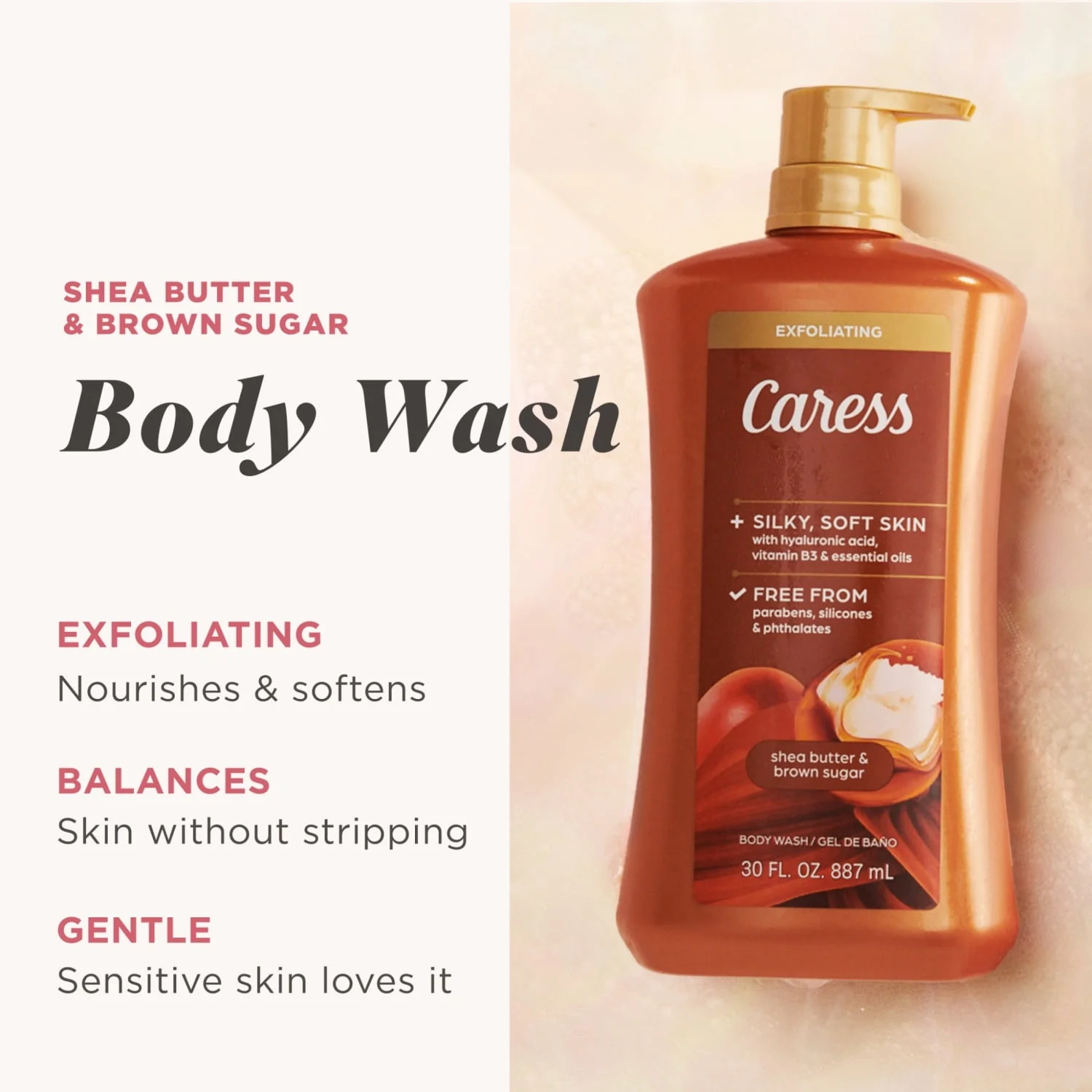 Caress Shea Butter & Brown Sugar Body Wash, Exfoliating & Moisturizing, Hyaluronic Acid, 30 oz - Image 2