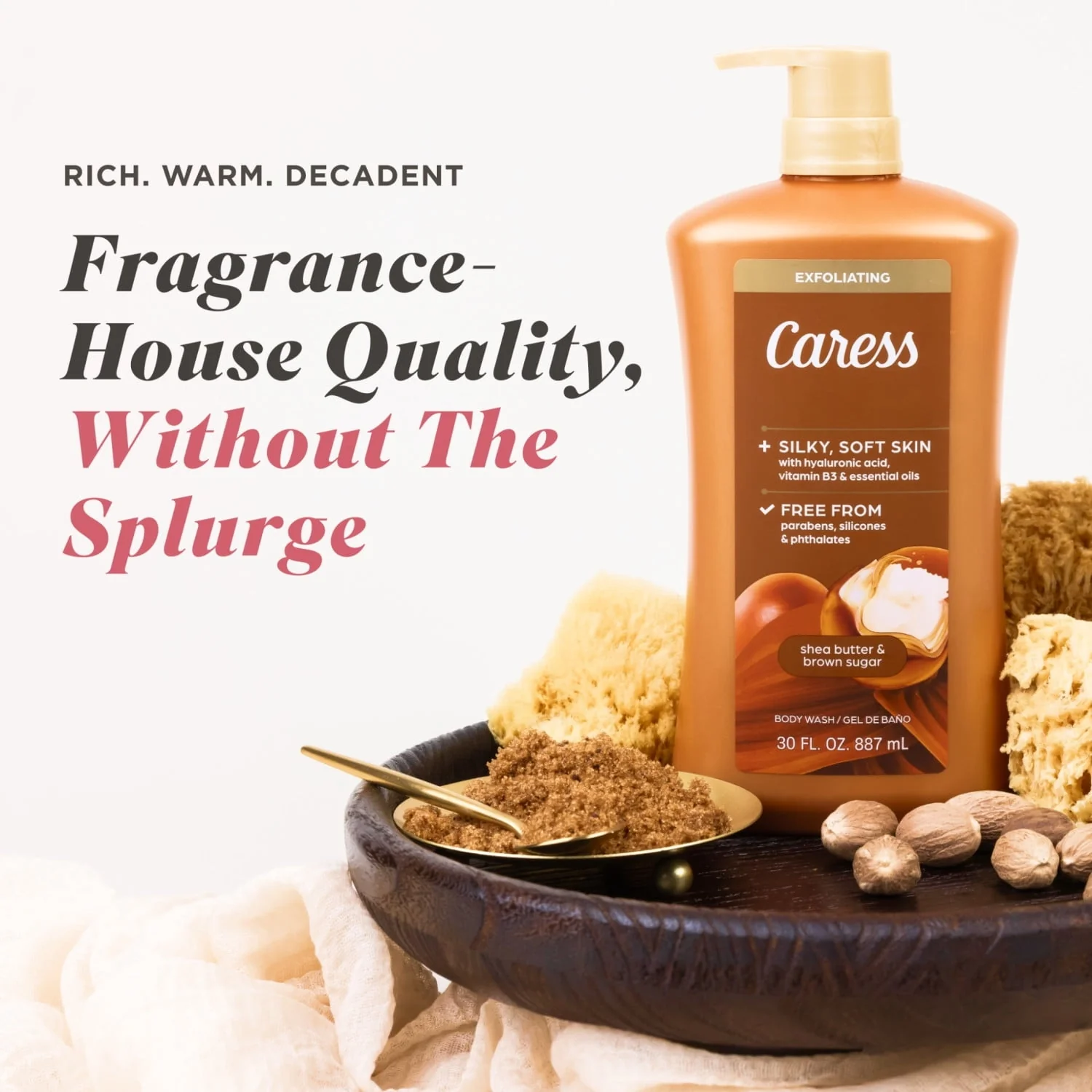 Caress Shea Butter & Brown Sugar Body Wash, Exfoliating & Moisturizing, Hyaluronic Acid, 30 oz - Image 3
