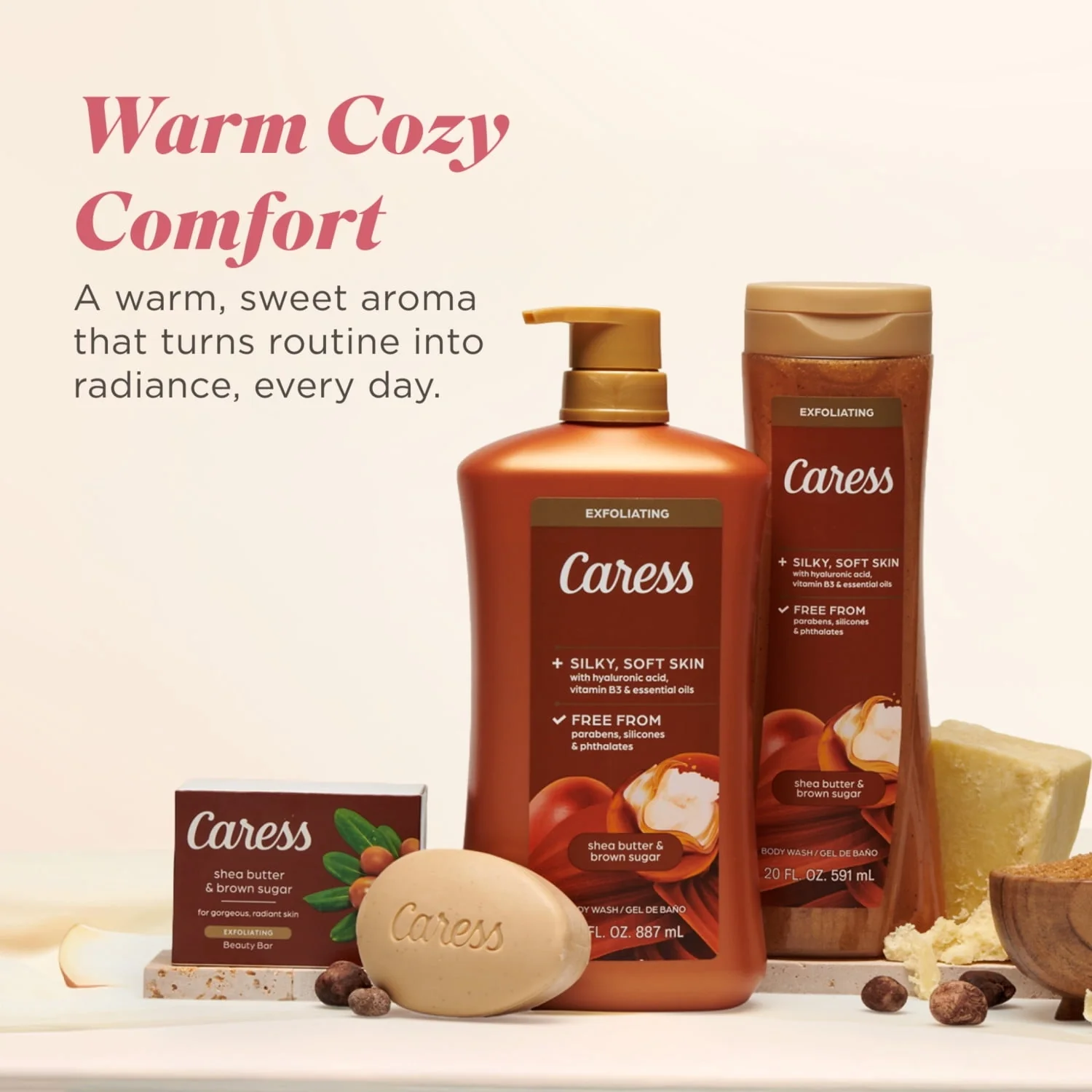 Caress Shea Butter & Brown Sugar Body Wash, Exfoliating & Moisturizing, Hyaluronic Acid, 30 oz - Image 8