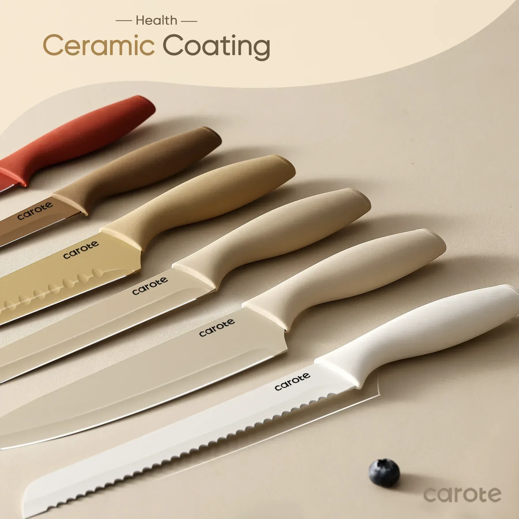 Carote 12 Pcs Kitchen Knife Set, Stainless Steel Knife Set with Nonstick Creamic Coating, Taupe - Image 4