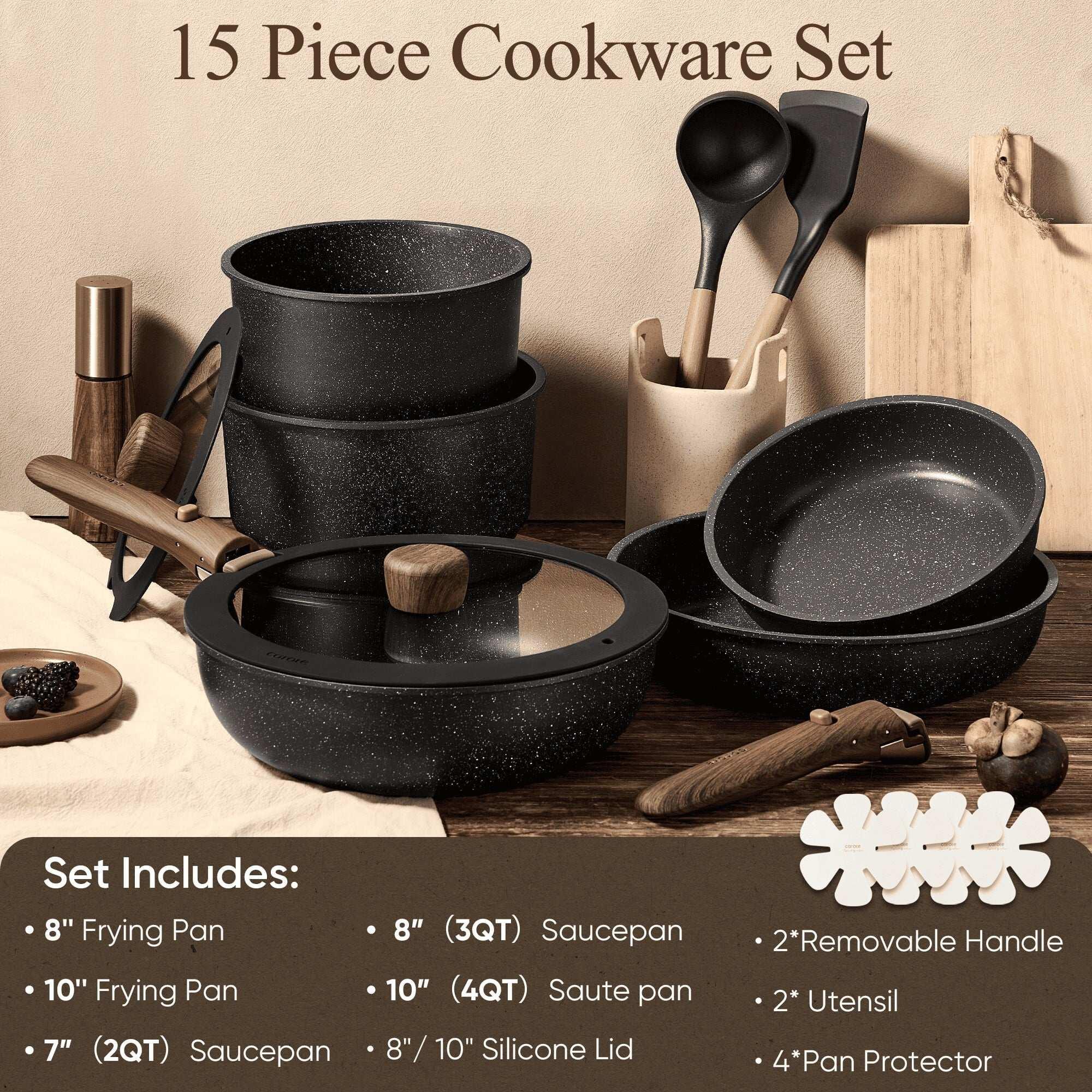 Carote 15 Pcs Nonstick Cookware Sets, Granite Non Stick Pots and Pans with Removable Handles, Oven Safe, Induction Compatible, Black - Image 11