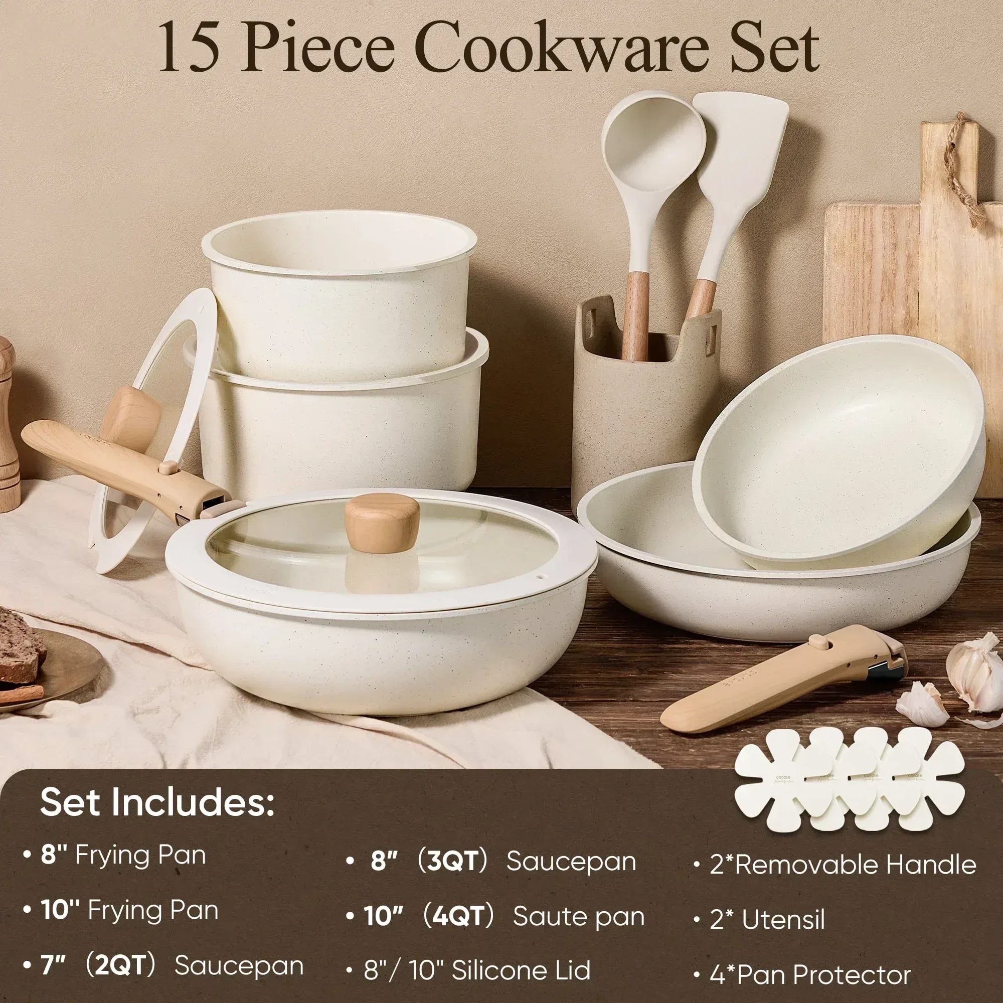 Carote 15 Pcs Nonstick Cookware Sets, Granite Non Stick Pots and Pans with Removable Handles, Oven Safe, Induction Compatible, Black - Image 17