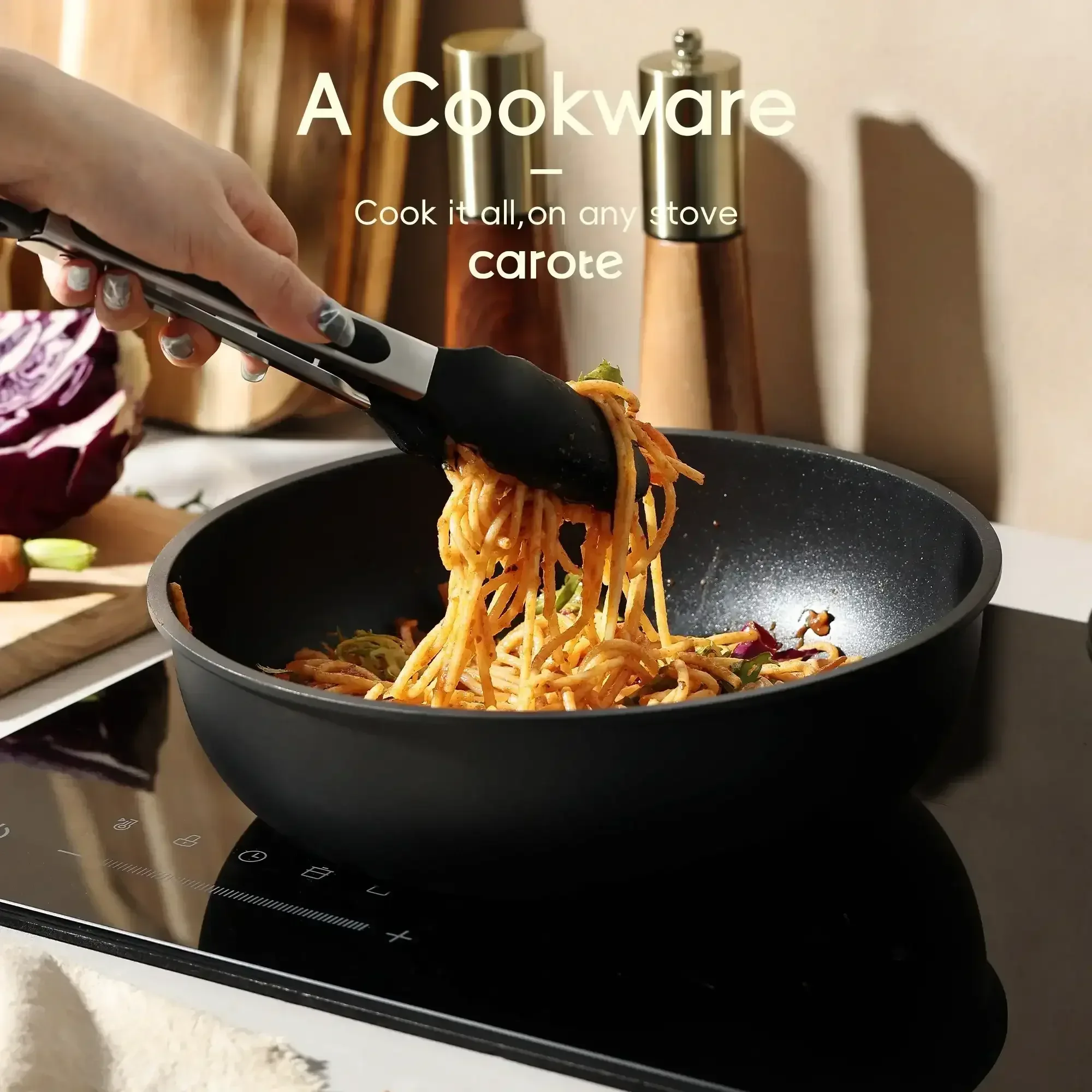 Carote 15 Pcs Nonstick Cookware Sets, Granite Non Stick Pots and Pans with Removable Handles, Oven Safe, Induction Compatible, Black - Image 3